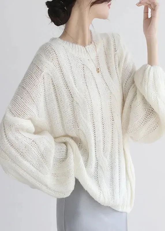 Loose White Hollow Out  Cozy Woolen Shirt Puff Sleeve ML3300